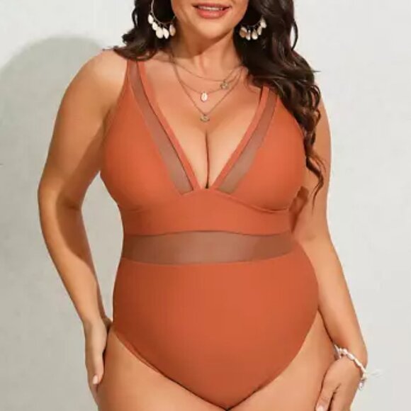 Cupshe Plunge V-Neck One-Piece Swimsuit | Size 3X | NWT | Burnt Orange | Mesh Pa - Picture 1 of 2